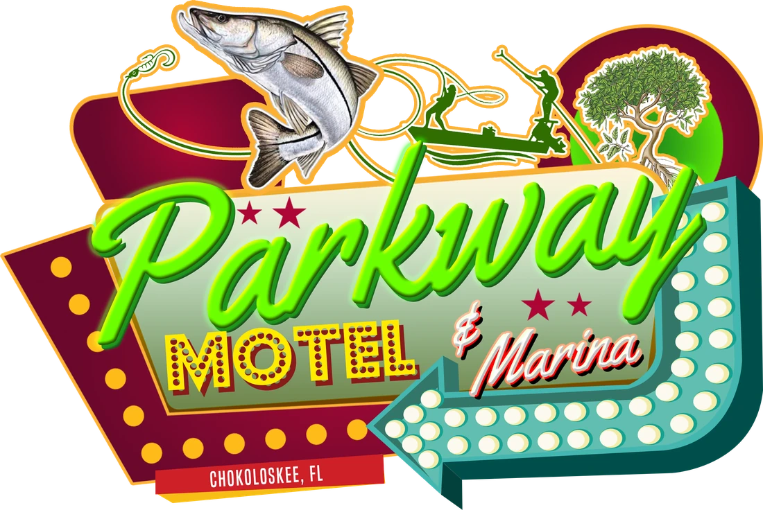 Parkway Motel & Marina roadside sign logo with a snook leaping over the arrow